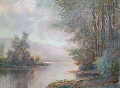un tableau représentant une rivière sur laquelle navigue un bateau