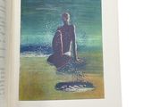 a painting of a man sitting on the beach