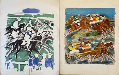 deux tableaux représentant des chevaux et des jockeys dans un livre