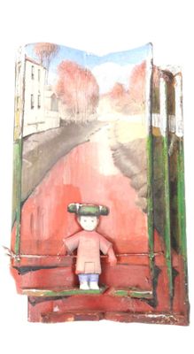 a painting of a person sitting on a bench with a camera on their head