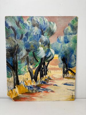 tableau représentant un tableau d'arbres dans un champ, avec le ciel en arrière-plan