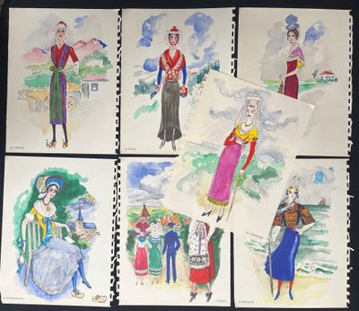several drawings of people are shown on a notebook with a black background
