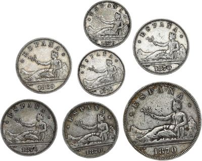 six types différents de pièces d'argent sont représentés sur un fond blanc