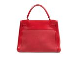 a red leather handbag on a white background