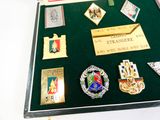 a display case with a lot of badges on it