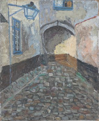 painting of a cobblestone street with a blue door and windows