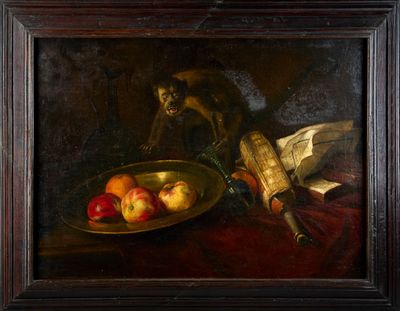an oil painting of a monkey sitting on a table next to a bowl of fruit