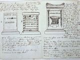 an old book with a drawing of a column and a clock