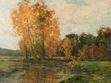 painting of a landscape with a river and trees in the foreground