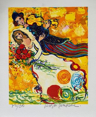 un tableau représentant une femme tenant un bouquet de fleurs