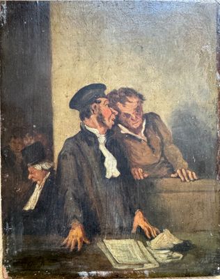 an old painting of two men sitting at a table with a book