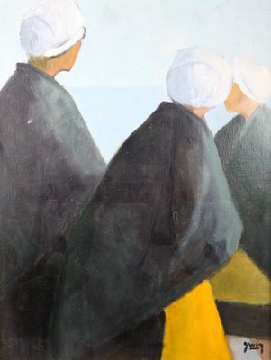 an oil painting of three women in black and yellow dresses