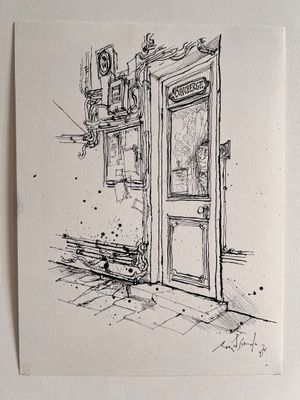 un dessin en noir et blanc représentant une porte et un banc