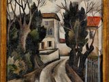 une image représentant une peinture d'une maison et d'arbres sur une colline
