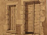 an image of a drawing of a door and steps in a stone building