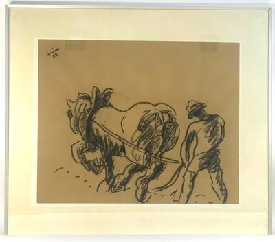 drawing of a man plowing a field with a horse drawn by a man