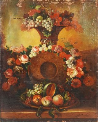 une peinture représentant un vase de fleurs et de fruits sur une table