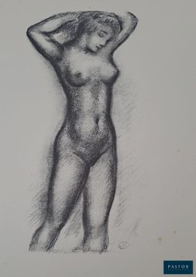 a black and white drawing of a woman standing with her hands on her head