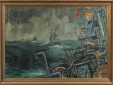 a painting of a ship in the middle of the ocean