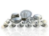 a picture of a collection of silver and white dishes and cups