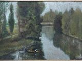 a painting of a river with a boat in it
