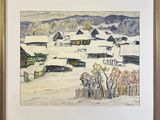 painting of a snow covered village with a fence and trees in the foreground