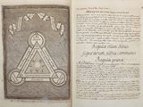 an old book with a drawing of a triangle and a compass on it