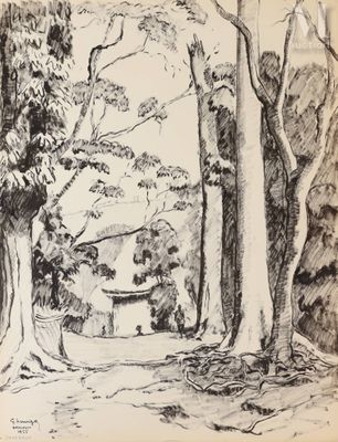 dessin représentant une zone boisée avec des arbres et un banc