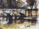 a drawing of a bridge over a river with a building in the background