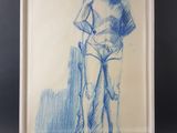 dessin représentant un homme avec un chapeau et une canne, dans un cadre blanc