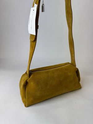 Sac à main en tissu à motif à carreaux moutarde, avec poignée et bandoulière en cuir