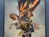 une image représentant un tableau d'un homme portant un chapeau et un oiseau sur la tête
