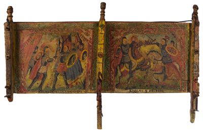 peinture sur le mur d'un lit à cadre en bois, sur lequel est représenté un tableau représentant des personnes