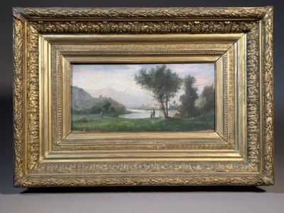 l'image d'un tableau représentant un paysage avec une rivière au premier plan