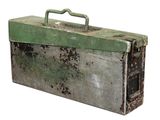 an old metal tool box with a handle on a white background
