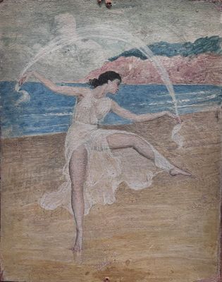 une photo d'un tableau représentant une femme sur la plage