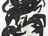 une image d'un dessin en noir et blanc d'un homme sur un cheval