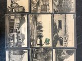 plusieurs photographies en noir et blanc représentant un train et un bâtiment