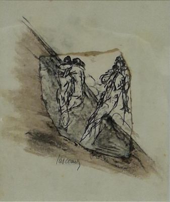 drawing of two birds sitting on a rock with a sky in the background