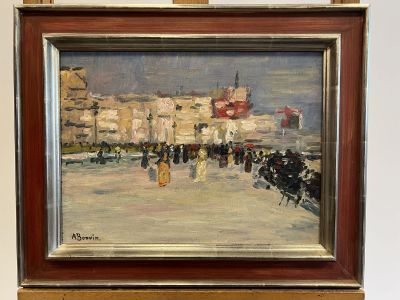 a painting of people walking in the snow on the street