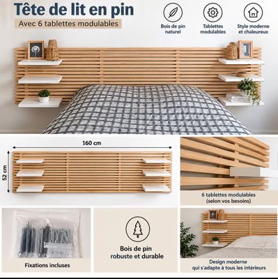 une photo d'un lit avec une tête de lit en bois