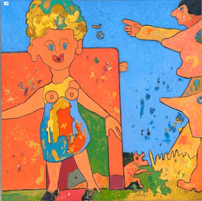 a painting of a woman and a cat on the ground
