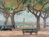 une peinture représentant un parc avec un banc et un phare en arrière-plan