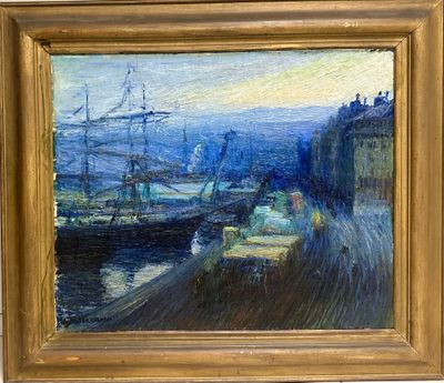 an oil painting of a harbor scene with ships in the water