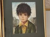 a picture of a painting of a boy in a yellow shirt