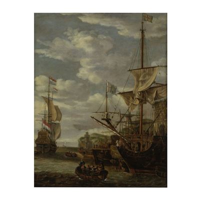 une peinture à l'huile représentant des bateaux dans un port, avec des personnes à bord d'un bateau