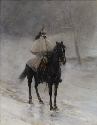 tableau représentant un homme à cheval dans la neige, par une journée enneigée