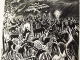 a black and white drawing of a group of people in a field