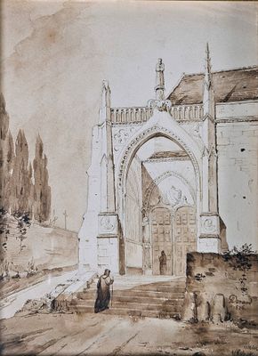 dessin représentant un vieux bâtiment avec un portail et un homme debout devant celui-ci