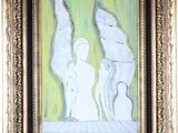 tableau encadré représentant un homme et une femme debout devant un fond vert
